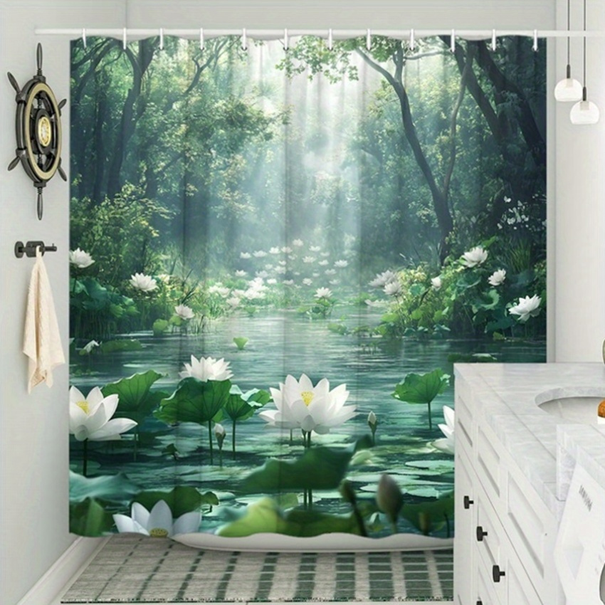 Interior Design Zen Style - ม่านอาบน้ำลายดอกบัว โพลีเอสเตอร์ พิมพ์ลายตกแต่งบ้าน ธีมธรรมชาติ การออกแบบตกแต่งภายใน สไตล์เซน