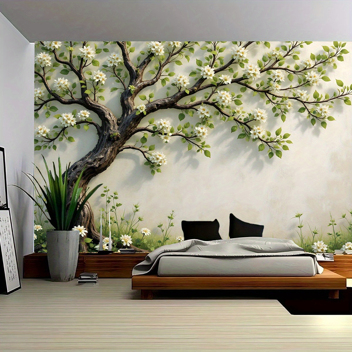 Interior Design Zen Style - ภาพจิตรกรรมฝาผนังต้นไม้ 3 มิติ สำหรับห้องนอน ห้องนั่งเล่น ศิลปะดอกไม้ที่ได้รับแรงบันดาลใจจากธรรมชาติ