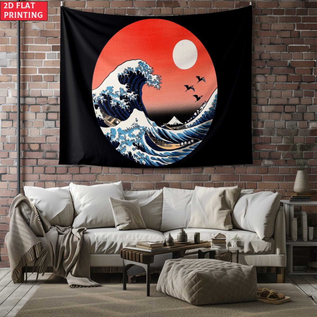 Interior Design Zen Style - ภาพพิมพ์ลายคลื่นพระอาทิตย์ตกดินแบบญี่ปุ่น ไม่มีกรอบ แรงบันดาลใจจากศิลปะของโฮคุไซ ของตกแต่งผนังสไตล์เซน ดีไซน์ตกแต่งภายในบ้านสไตล์ญี่ปุ่น